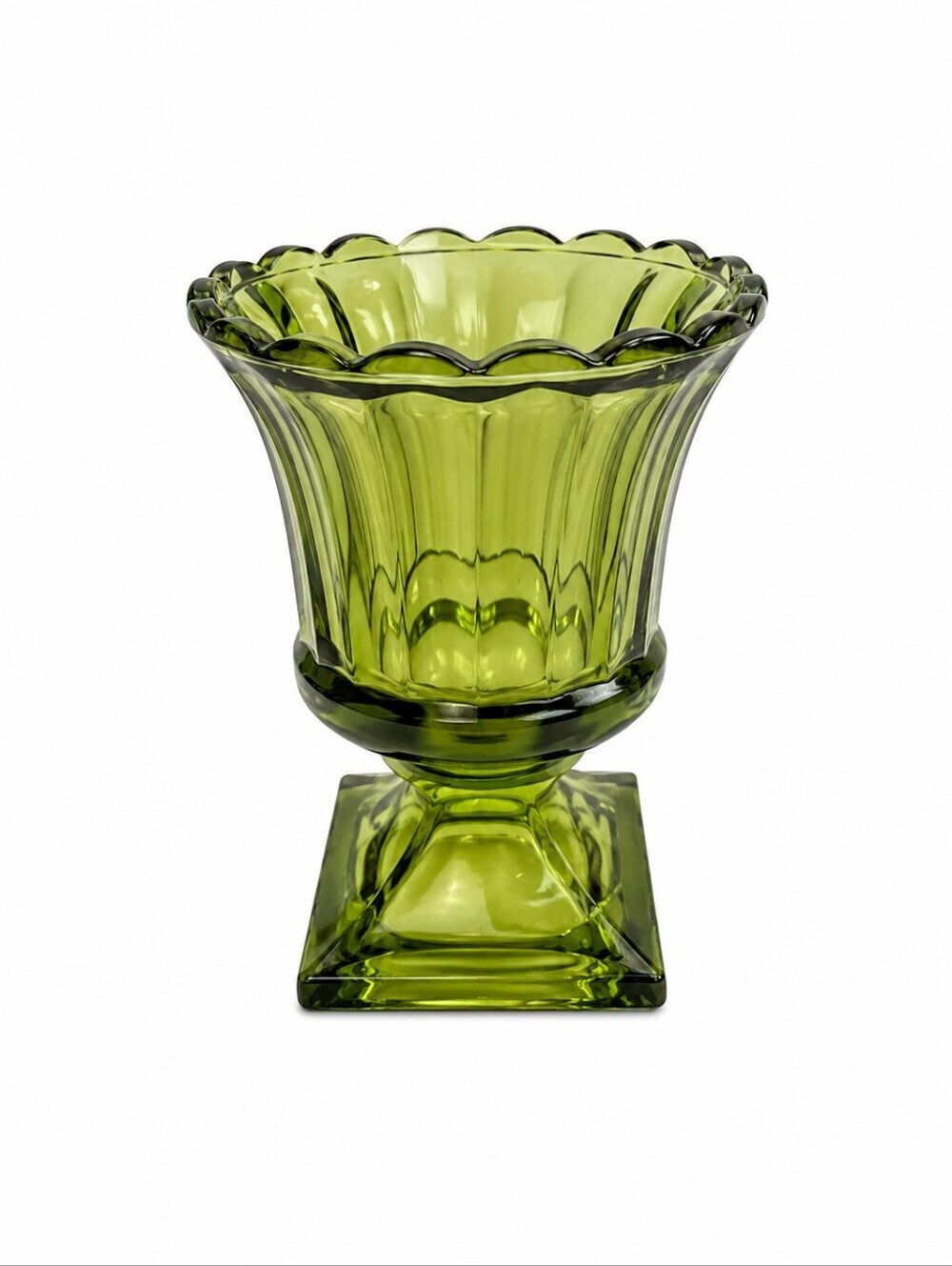 Vtg 1960s Avocado Green Glass Pedestal Candle Holder Candy Dish Vase